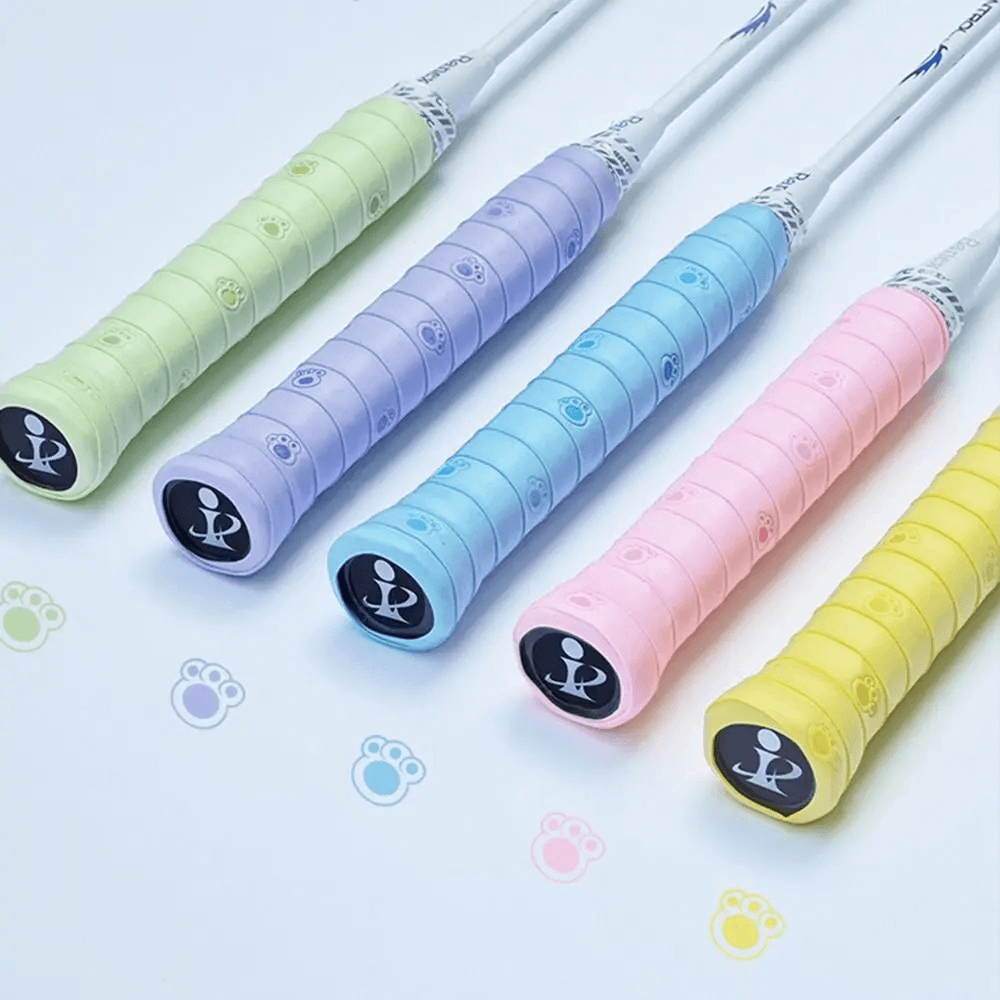 Colorful rackets with Paw Print Sports Overgrip Tape for Racket Handles - SF3460, featuring pastel hues and paw design.